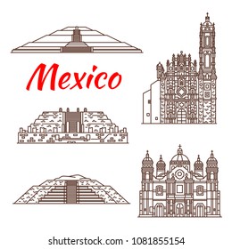 Travel landmark of Mexico thin line icon. Ancient Mexican Aztec Pyramid of Quetzalcoatl, Pyramid of the Sun and Pyramid of the Moon, St Francis Xavier Church and Basilica of Our Lady of Guadalupe