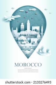 Travel landmark Morocco architecture monument pin of mediterranean Marrakech in Morocco famous with ancient city building business landmarks of architecture. Vector illustration pin point symbol.