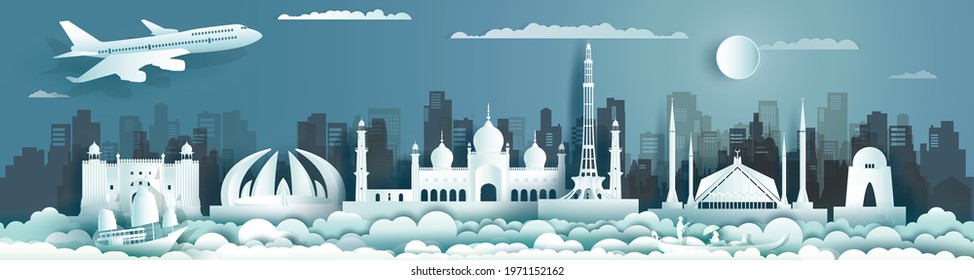 Travel landmark Pakistan with ancient monument and modern building, skyline, skyscraper. Travelling to Pakistan landmarks of asian with architecture and cityscape background.Vector illustration