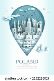 Travel landmark Poland architecture monument pin of warsaw in Poland famous with modern and ancient city building business landmarks of architecture. Vector illustration pin point symbol.