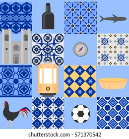 Travel landmark Portugal elements. Flat architecture and building icons Cathedral of Lisbon. National portuguese symbol wine porto, traditional tile azulezhu. Dessert pastel, rooster,  yellow tram