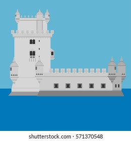 Travel landmark Portugal elements. Flat architecture and building icons Tower Belem. National portuguese symbol vector illustration