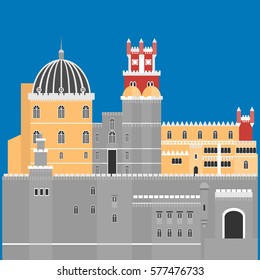 Travel landmark Portugal elements. Flat architecture and building icons Sintra castle Pena Palace, National portuguese symbol vector illustration