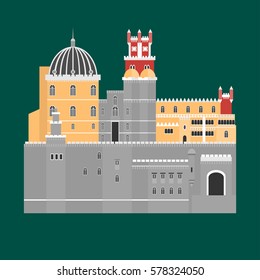 Travel landmark Portugal elements. Flat architecture and building icons Sintra castle Pena Palace, National portuguese symbol