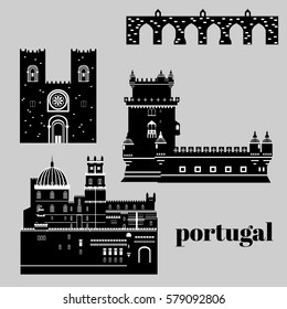 Travel landmark Portugal elements. Flat architecture and building icons Tower Belem, Sintra castle Pena Palace, aqueduct of freedom name Aguas libre and Cathedral of Lisbon. National portuguese symbol
