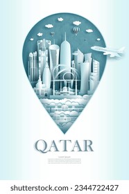 Punto de anclaje del monumento de Qatar de la arquitectura moderna de Asia de la ciudad de Qatar en el fondo del pin marker. Cartel de viaje y postal de asia para negocios. Símbolo del punto de anclaje de la ilustración del vector.