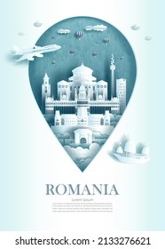 Travel landmark Romania architecture monument pin of Bucharest in Romania famous with modern and ancient city building business landmarks of architecture. Vector illustration pin point symbol.