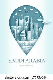 Travel landmark Saudi arabia monument pin of Asia modern and ancient of riyadh in pin marker background. Travel poster and postcard of asia for business. Vector illustration pin point symbol.