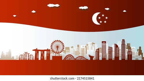 Travel landmark of Singapore skyline in silhouette vector isolated cityscape panoramic architecture area, Anniversary Singapore day with singaporean flag, Vector illustration.