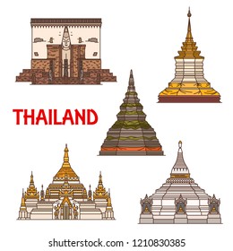 Travel landmark of Thailand, vector icons of ancient buddhist temple. Stupas of Phra That Chedi Luang and Phra That Doi Chom Thong, Phra That Doi Kong Mu, Chong Klang and chapel of Wat Si Chum