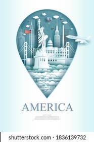 Travel landmark United of america monument architecture modern of New york in pin marker background. Travel poster and postcard modern architecture of USA. Vector illustration pin point symbol.