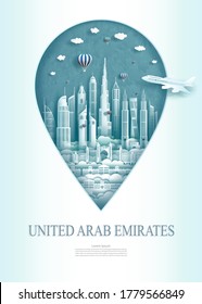 Travel landmark United Arab Emirates monument architecture modern of Abu Dhabi in pin marker background. Travel poster and postcard modern architecture of asia. Vector illustration pin point symbol.