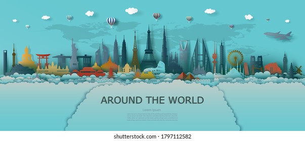 Travel landmarks architecture world with world map and turquoise background, Tour colorful architecture monuments of the world, Tourism with panorama view for travel postcard, Vector illustration.