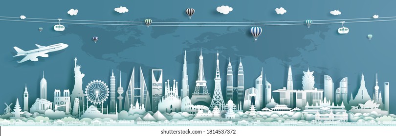 Travel landmarks architecture world with turquoise background, Important architecture monuments of the world, Tourism with panorama paper cut style for travel poster and postcard, Vector illustration.