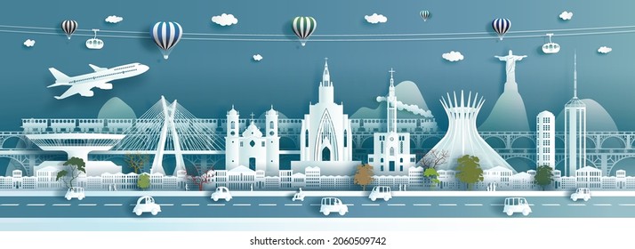 Travel landmarks Brazil architecture modern and ancient in south america, Tour landmark Brasil in rio de janeiro city with cable car and train in panorama cityscape popular capital, paper cut style.