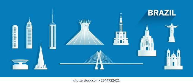 Travel landmarks Brazil with isolated silhouette architecture on blue background. Brazil architecture icon and symbol with tour south america landmark to janeiro for brochure, advertisement, template.