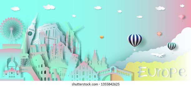 Travel landmarks business template tourism world famous architecture, Tourist europe culture landmark world with panorama view,Popular capital,Origami  paper cut for travel postcard,Vector template.