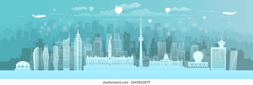 Pontos de referência de viagem Canadá em Toronto e Ottawa com aniversário e celebração em fundo azul, Canadá conjunto de ícones de arquitetura isolada e símbolo com tour marco da europa para brochura.