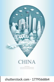 Travel landmarks China monument pin of Asia modern and ancient in Beijing, Xian, Taiwan in pin marker background. Travel poster and postcard of asia for business. Vector illustration pin point symbol.