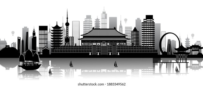 Travel Landmarks of China, Oriental Pearl Tower, Forbidden City, Ferris wheel and the Great Wall of China in Black and white style. Panorama Paper art Vector illustration.