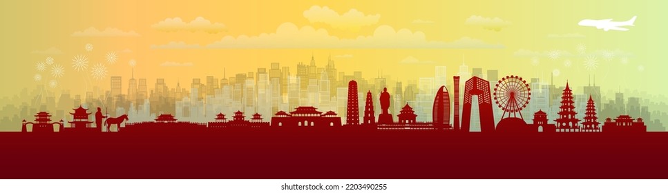 Travel landmarks China with silhouette architecture background, China Day anniversary celebration independence and tour Asia landmark to beijing, xian, taiwan with panorama view popular capital.