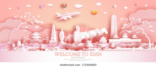 Travel landmarks China in Xian city with ancient warrior, horse and sailboat, Tour landmark retro to history with panorama view on pink background, Origami paper cut style for postcard, advertising