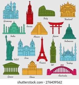 Travel landmarks colorful linear icon set