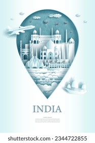 Travel landmarks delhi of India architecture in pin point symbol. Tour landmark monument pin India of  asia with modern city building business travel poster and postcard. Tour landmark of Indian.