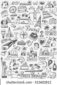 travel landmarks doodles icons set