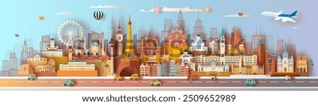 Travel landmarks Europe famous architectural and monument panorama, Colorful architecture silhouette monuments. Travel panoramic continent landmark of Europe. Big set of famous landmarks of the world.