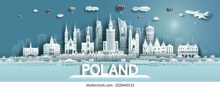 Travel landmarks europe to Poland tour famous city landmarks architecture to warsaw with balloons, Travel landmark Poland with panoramic cityscape popular capital, Vector illustration