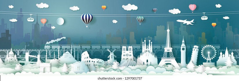 Travel landmarks of Europe with train, balloon, Traveling the world, Famous architecture panorama landmark cityscape, Popular capital, Origami paper cut style for postcard, poster,Vector illustration.