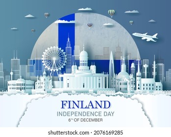 Travel landmarks Finland city with celebration finland independence day in flag background, Tour europe landmark to helsinki with panorama view cityscape popular capital, Origami paper cut style.