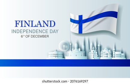 Travel landmarks Finland city with celebration finland independence day in flag background, Tour europe landmark to helsinki with panorama view cityscape popular capital, Origami paper cut style.