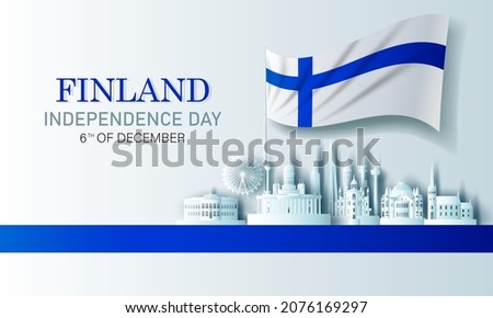 Travel landmarks Finland city with celebration finland independence day in flag background, Tour europe landmark to helsinki with panorama view cityscape popular capital, Origami paper cut style.
