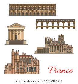 Travel landmarks of France icons with ancient Roman Empire and medieval European architecture. Cathedral of St Just and Nazaire, Ancient Roman Aqueduct Bridge, Corinthian Temple and Arena of Nimes