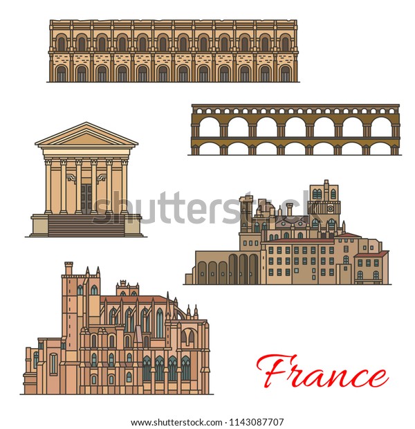 Travel landmarks of France icons with ancient Roman\
Empire and medieval European architecture. Cathedral of St Just and\
Nazaire, Ancient Roman Aqueduct Bridge, Corinthian Temple and Arena\
of Nimes