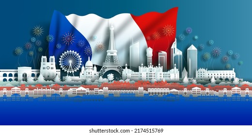 Travel landmarks France in Paris with anniversary celebration France day in flag background, Tour europe landmark to Paris with Eiffel in panorama view cityscape popular capital in paper cut style.