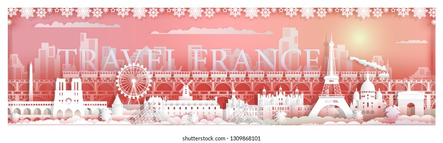 Travel landmarks of France with sunrise by train,Traveling metropolis Famous architecture panorama landmark cityscape, Popular capital,Origami paper cut style for postcard, poster,Vector illustration.