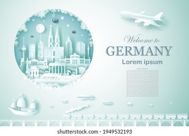 Travel landmarks Germany ancient and castle architecture monument with airplane, train and boat, Advertising template for travel company famous with paper cut, paper art style vector illustration.