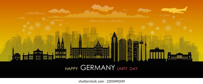 Puntos de referencia de viajes Alemania con antecedentes de arquitectura de silueta, celebración del aniversario del Día de la República de Alemania y monumento de la arquitectura de turismo a berlín con vista panorámica de la popular capital.