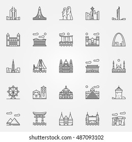 Travel landmarks icons set. Vector travel and tourism locations and landmarks symbols in thin line style. Monuments outline signs