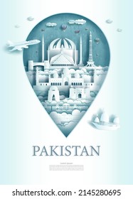 Travel landmarks Islamabad of Pakistan architecture in pin point symbol. Tour landmark monument pin in Asia with modern city building business travel poster and postcard. Tourism landmark of Pakistan.