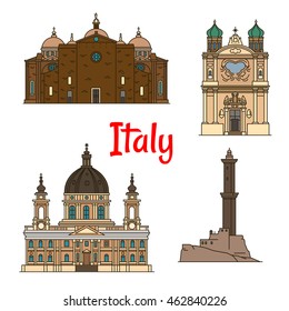 Travel landmarks of italian provinces thin line icons with Lighthouse of Genoa, Church of the Madonna della Costa in Sanremo, Basilica di Superga in Turin, Basilica of Santa Giustina in Padua