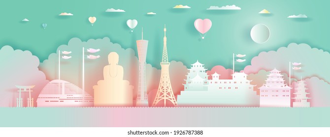 Travel Landmarks Japan Architecture with Love Balloons in colorful background. Paper Art, paper cut, Origami, Postcard And Poster design.Travel Tokyo in Japan Architecture in cute style. Vector