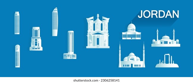 Travel landmarks Jordan with isolated silhouette architecture on blue background, Jordan  architecture icon and symbol with tour asia landmark to Amman for brochure, advertisement, template.