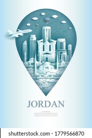 Travel landmarks Jordan monument pin of Asia modern and ancient of amman and petra in pin marker background. Travel poster and postcard of asia for business. Vector illustration pin point symbol.