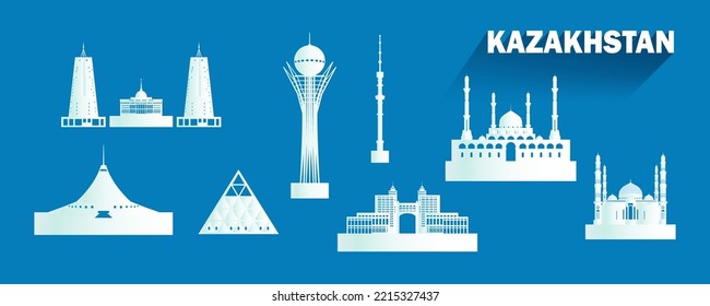 Travel landmarks Kazakhstan with isolated silhouette architecture on blue background, Kazakhstan architecture icon and symbol with tour asia landmark to Astana for brochure, advertisement, template.