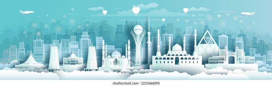 Travel landmarks Kazakhstan with silhouette architecture background, Kazakhstan day anniversary celebration and tour architecture landmark to Astana in asia with panorama view popular capital.