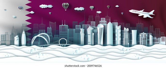 Travel landmarks modern architecture Qatar in Doha famous city downtown. Tour Asia with panorama popular capital with Qatar flag background in cityscape, Travel landmark in paper art, paper cut.
